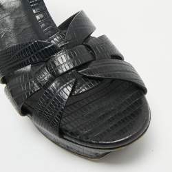 Pre Owned Saint Laurent Black Lizard Embossed Leather Tribute Ankle Strap Sandals Size 39.5