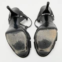 Pre Owned Saint Laurent Black Lizard Embossed Leather Tribute Ankle Strap Sandals Size 39.5