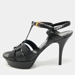 Pre Owned Saint Laurent Black Lizard Embossed Leather Tribute Ankle Strap Sandals Size 39.5