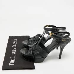 Pre Owned Saint Laurent Black Lizard Embossed Leather Tribute Ankle Strap Sandals Size 39.5