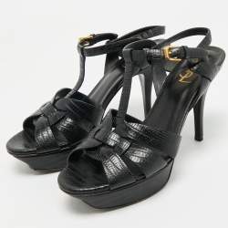 Pre Owned Saint Laurent Black Lizard Embossed Leather Tribute Ankle Strap Sandals Size 39.5