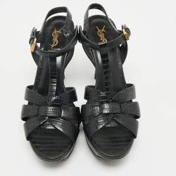 Pre Owned Saint Laurent Black Lizard Embossed Leather Tribute Ankle Strap Sandals Size 39.5