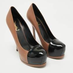 Pre Owned Saint Laurent Beige/Black Patent and Leather Tribtoo Platform Pumps Size 39.5