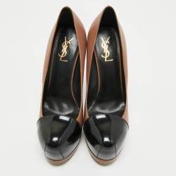 Pre Owned Saint Laurent Beige/Black Patent and Leather Tribtoo Platform Pumps Size 39.5