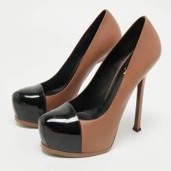 Pre Owned Saint Laurent Beige/Black Patent and Leather Tribtoo Platform Pumps Size 39.5