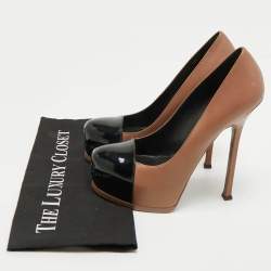 Pre Owned Saint Laurent Beige/Black Patent and Leather Tribtoo Platform Pumps Size 39.5