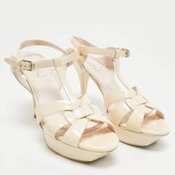 Pre Owned Saint Laurent Cream Patent Leather Tribute Platform Sandals Size 39.5