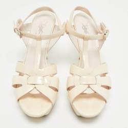 Pre Owned Saint Laurent Cream Patent Leather Tribute Platform Sandals Size 39.5