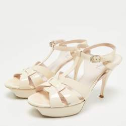 Pre Owned Saint Laurent Cream Patent Leather Tribute Platform Sandals Size 39.5
