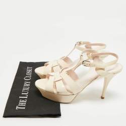 Pre Owned Saint Laurent Cream Patent Leather Tribute Platform Sandals Size 39.5