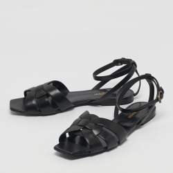 Pre Owned Saint Laurent Black Leather Tribute Flat Sandals Size 39.5