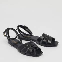 Pre Owned Saint Laurent Black Leather Tribute Flat Sandals Size 39.5