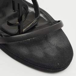 Pre Owned صندل سان لوران جلد أسود كاساندره بكعب إسفين وأشرطة مقاس 39