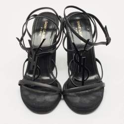 Pre Owned صندل سان لوران جلد أسود كاساندره بكعب إسفين وأشرطة مقاس 39