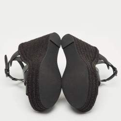 Pre Owned صندل سان لوران \"تريبوت\" جلد أسود نعل إسفين حبال قياس 37.5