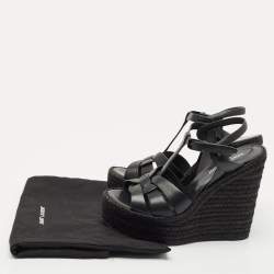 Pre Owned صندل سان لوران \"تريبوت\" جلد أسود نعل إسفين حبال قياس 37.5