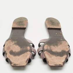 Pre Owned Saint Laurent Burgundy Leather Tribute Flat Slides Size 40