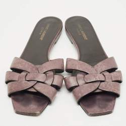 Pre Owned Saint Laurent Burgundy Leather Tribute Flat Slides Size 40