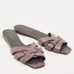 Pre Owned Saint Laurent Burgundy Leather Tribute Flat Slides Size 40