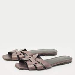 Pre Owned Saint Laurent Burgundy Leather Tribute Flat Slides Size 40