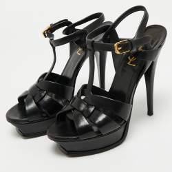 Pre Owned Saint Laurent Black Leather Tribute Platform Sandals Size 38