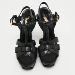 Pre Owned Saint Laurent Black Leather Tribute Platform Sandals Size 38