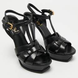 Pre Owned Saint Laurent Black Leather Tribute Platform Sandals Size 38