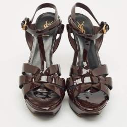 Pre Owned Saint Laurent Burgundy Patent Leather Tribute Platform Ankle Strap Sandals Size 41.5