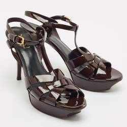 Pre Owned Saint Laurent Burgundy Patent Leather Tribute Platform Ankle Strap Sandals Size 41.5