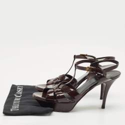 Pre Owned Saint Laurent Burgundy Patent Leather Tribute Platform Ankle Strap Sandals Size 41.5