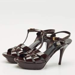 Pre Owned Saint Laurent Burgundy Patent Leather Tribute Platform Ankle Strap Sandals Size 41.5