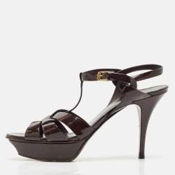 Pre Owned Saint Laurent Burgundy Patent Leather Tribute Platform Ankle Strap Sandals Size 41.5