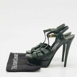 Pre Owned Saint Laurent Green Leather Tribute Platform Sandals Size 37