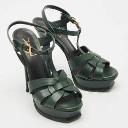 Pre Owned Saint Laurent Green Leather Tribute Platform Sandals Size 37