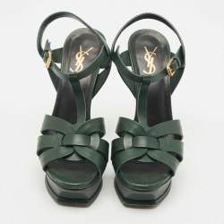 Pre Owned Saint Laurent Green Leather Tribute Platform Sandals Size 37