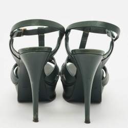 Pre Owned Saint Laurent Green Leather Tribute Platform Sandals Size 37
