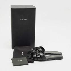 Pre Owned Saint Laurent Black Croc Embossed Leather Tribute Flat Slides Size 36.5