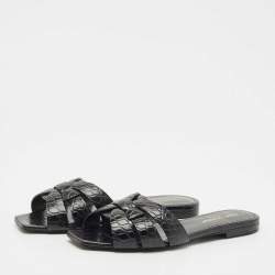 Pre Owned Saint Laurent Black Croc Embossed Leather Tribute Flat Slides Size 36.5