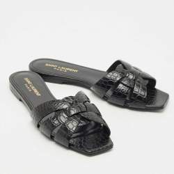 Pre Owned Saint Laurent Black Croc Embossed Leather Tribute Flat Slides Size 36.5