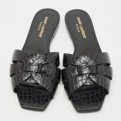 Pre Owned Saint Laurent Black Croc Embossed Leather Tribute Flat Slides Size 36.5