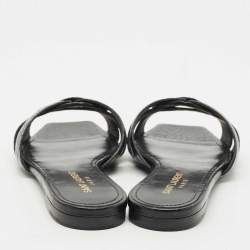 Pre Owned Saint Laurent Black Croc Embossed Leather Tribute Flat Slides Size 36.5