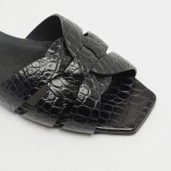 Pre Owned Saint Laurent Black Croc Embossed Leather Tribute Flat Slides Size 36.5