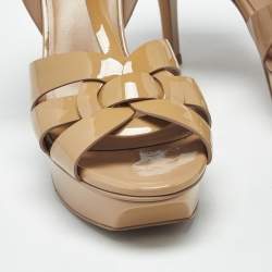 Pre Owned Saint Laurent Beige Patent Leather Tribute Platform Sandals Size 37