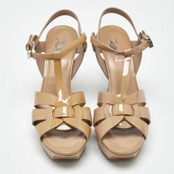 Pre Owned Saint Laurent Beige Patent Leather Tribute Platform Sandals Size 37