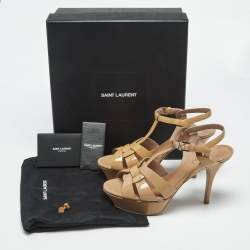 Pre Owned Saint Laurent Beige Patent Leather Tribute Platform Sandals Size 37