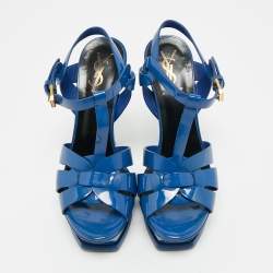 Pre Owned Saint Laurent Blue Patent Leather Tribute Platform Sandals Size 36.5