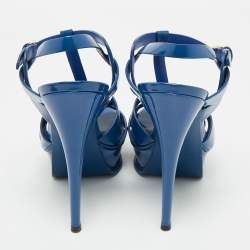 Pre Owned Saint Laurent Blue Patent Leather Tribute Platform Sandals Size 36.5