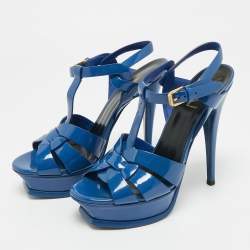 Pre Owned Saint Laurent Blue Patent Leather Tribute Platform Sandals Size 36.5