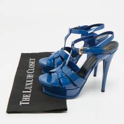 Pre Owned Saint Laurent Blue Patent Leather Tribute Platform Sandals Size 36.5