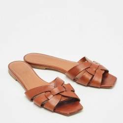 Pre Owned Saint Laurent Brown Leather Tribute Flat Slides Size 38.5